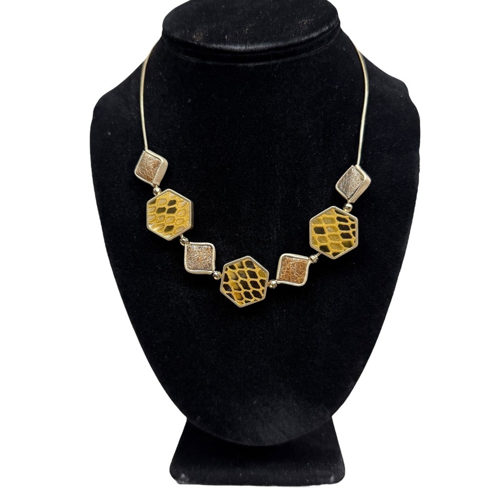 Statement Gold Tone Snake Print Necklace Hexagon Geometric Fashion Jewelry 8in L
